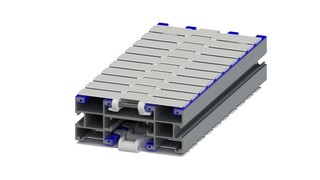 Scharnierkettenfördersystem in Breite 195mm erhältlich in Aluminiumausführung mit modularem Zubehörbaukasten für Fördertechnik