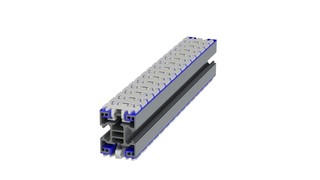 Scharnierkettenfördersystem in Breite 55mm erhältlich in Aluminiumausführung mit modularem Zubehörbaukasten für Fördertechnik